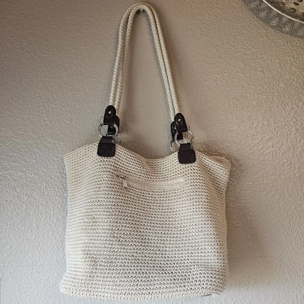 Croft & Barrow Crochet Knit Tote Bag Cream Shoulder Purse Coastal Boho Earthy